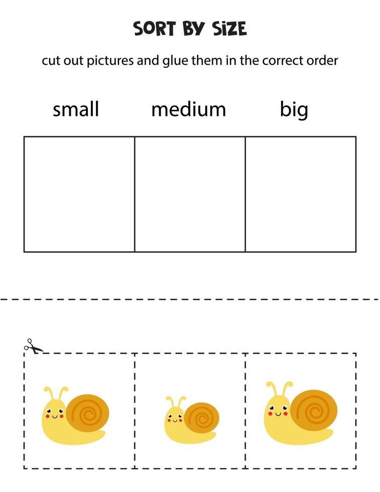 Sort pictures by size. Educational worksheet for kids. vector