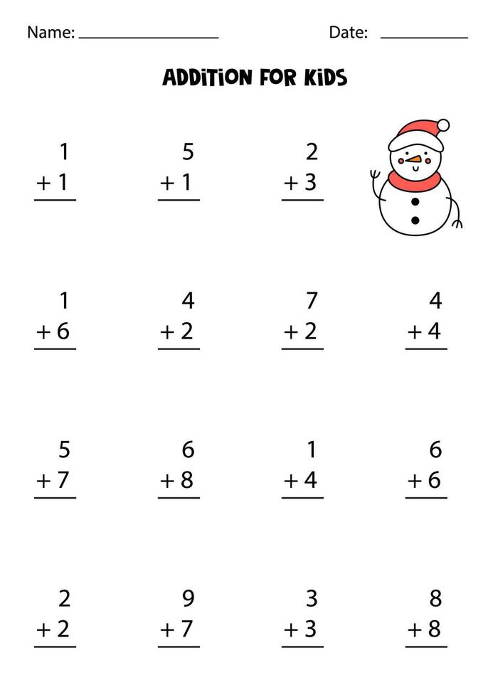 Addition worksheet with cartoon snowman. Math game. vector