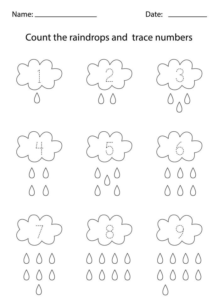 Color the raindrops and trace numbers inside clouds. vector