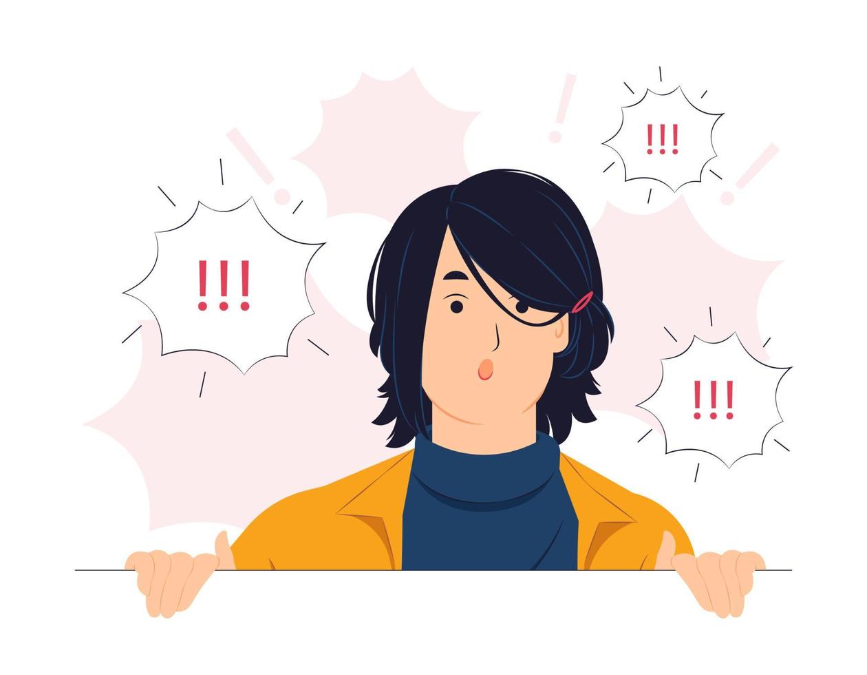 Woman startled, shocked, Surprised, speaking, listening, hearing, whispering, and Pay attention concept illustration vector