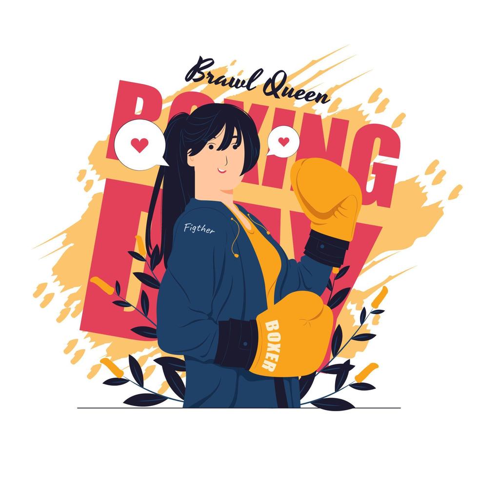 Female boxer with yellow gloves pose fighting and training on boxing day concept illustrations vector