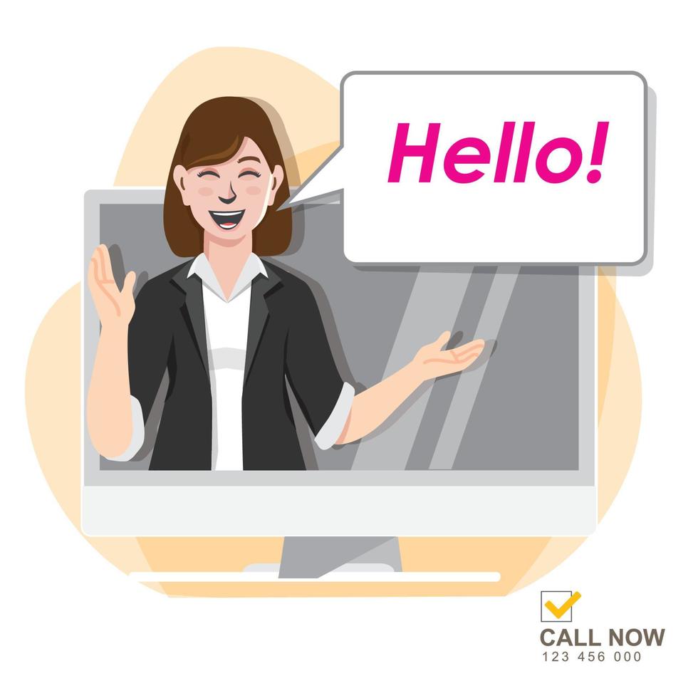 Business woman operator, advertising, promotion vector illustration