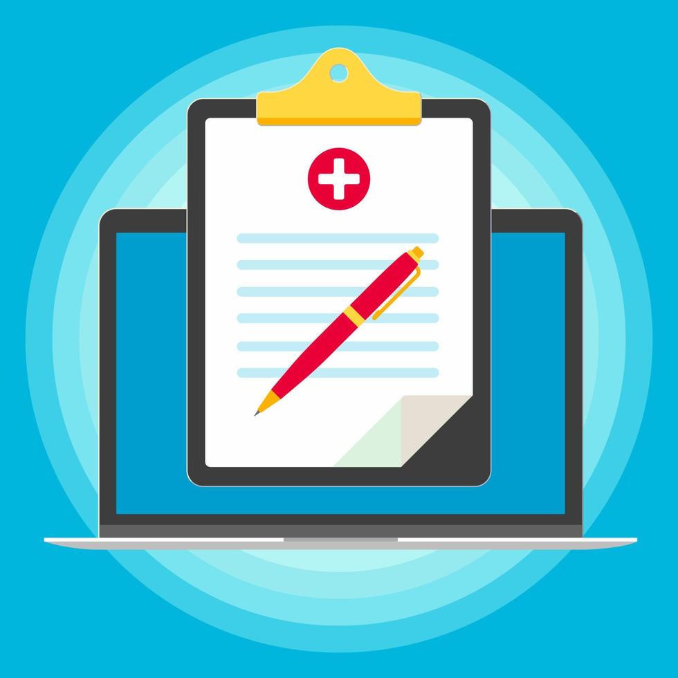 Laptop or notebook flat design with clipboard and medical claim form or insurance popped above the screen icon signs vector illustration. Technology concept of online survey isolated on background.