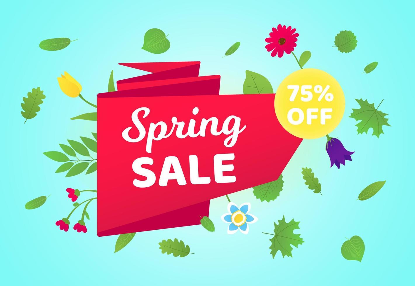 Spring sale vector banner or poster gradient flat style design vector illustration. Huge red ribbon with text SPRING SALE, green leaves and beautiful flowers around isolated on sky background