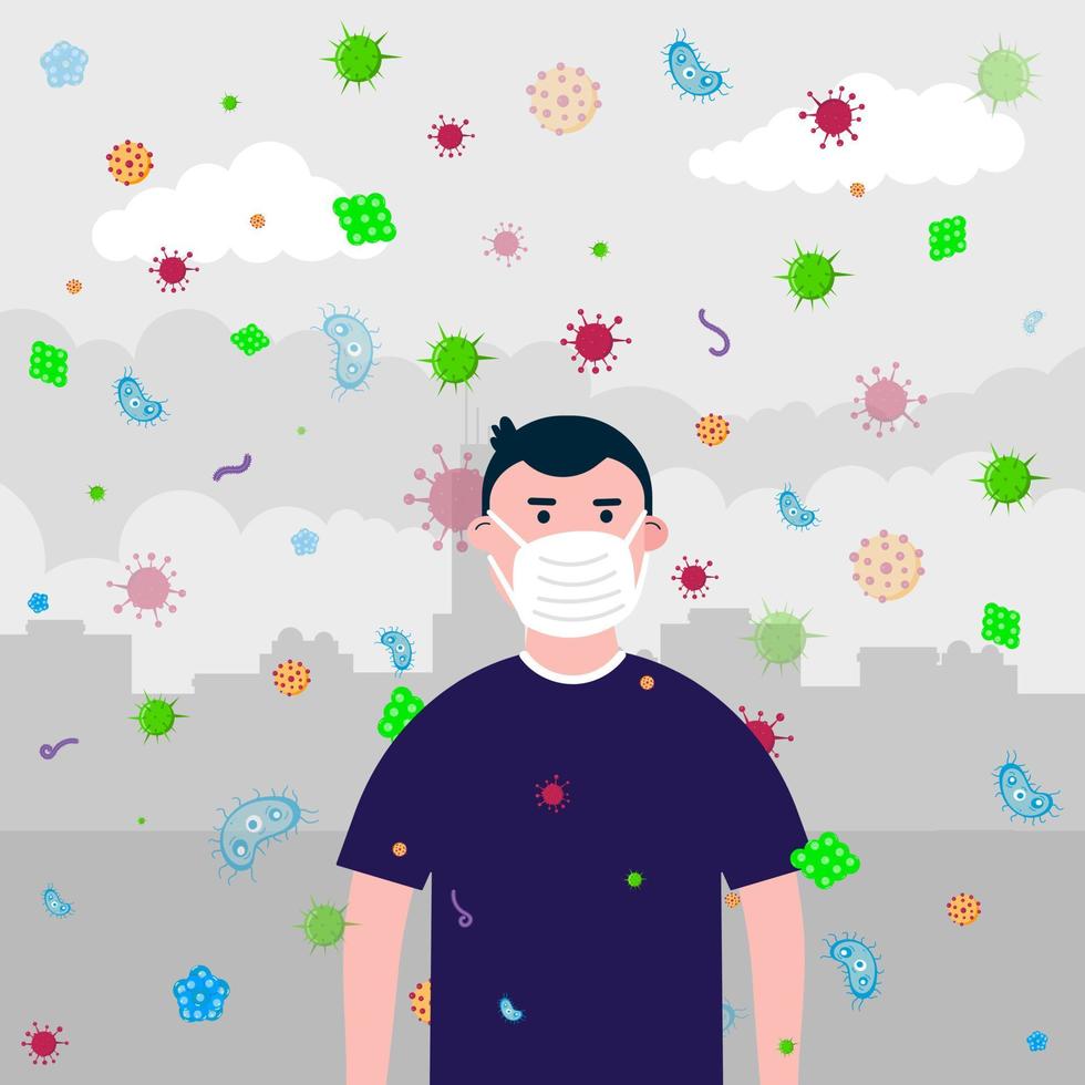 Sad boy no mask, bacterias and viruses fly because infection transmitted by air. Mask as protection against bacterias and viruses concept flat style vector illustration isolated on city background.