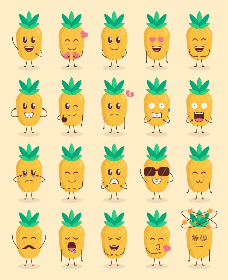 Colorful Cute Pineapple Cartoon Set with Various Expression vector
