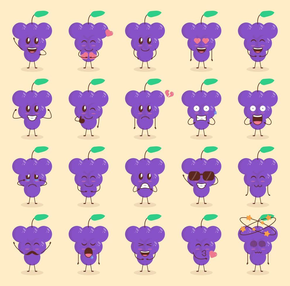 Colorful Cute Grape Cartoon Set with Various Expression vector