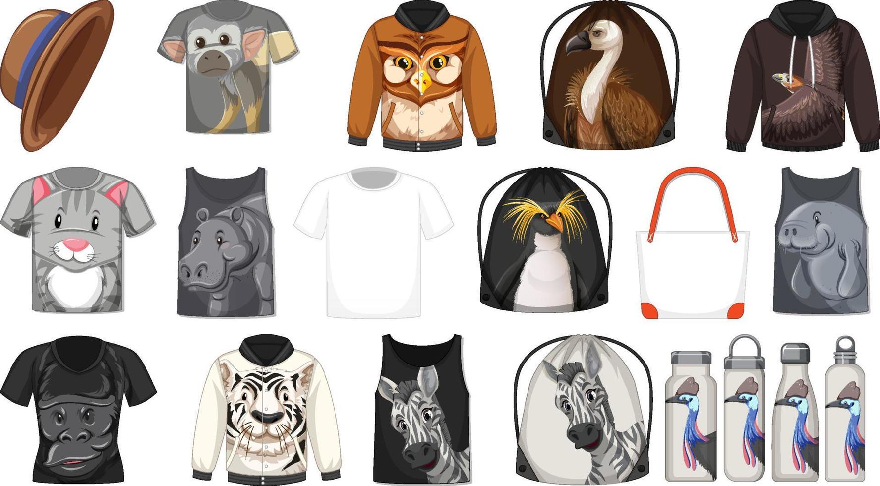 conjunto de diferentes camisetas y accesorios con estampados de animales. vector