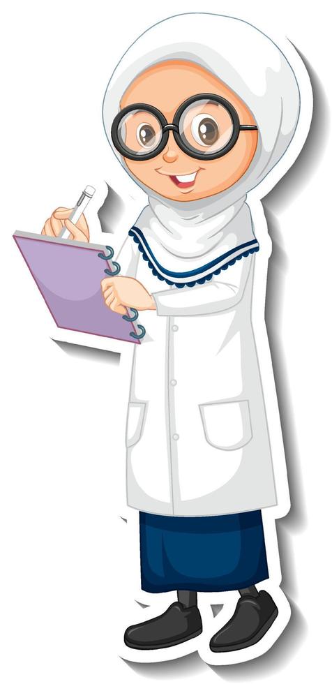 Scientist muslim girl cartoon character sticker vector