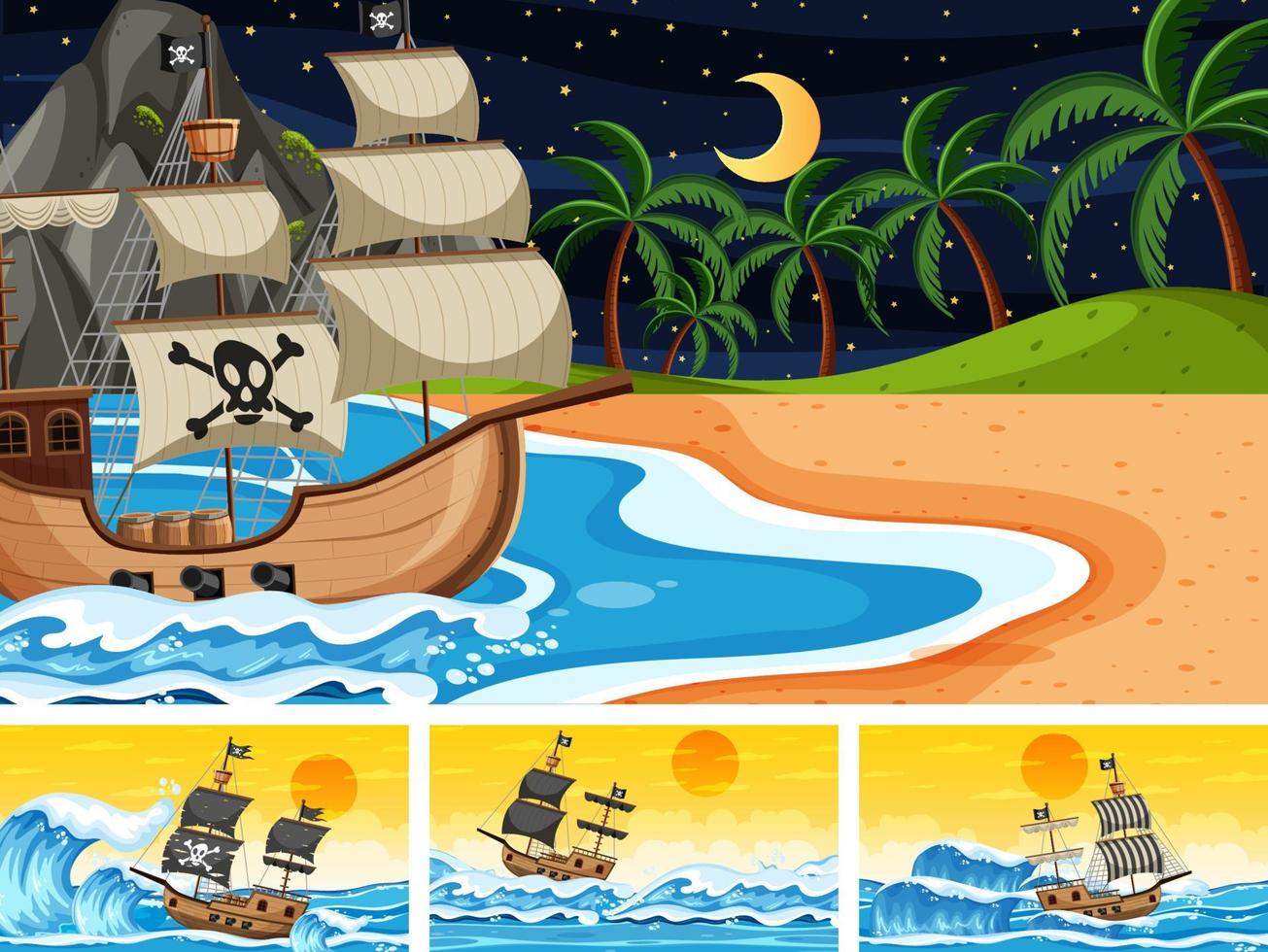 Set of Ocean with Pirate ship at different times scenes  in cartoon style vector