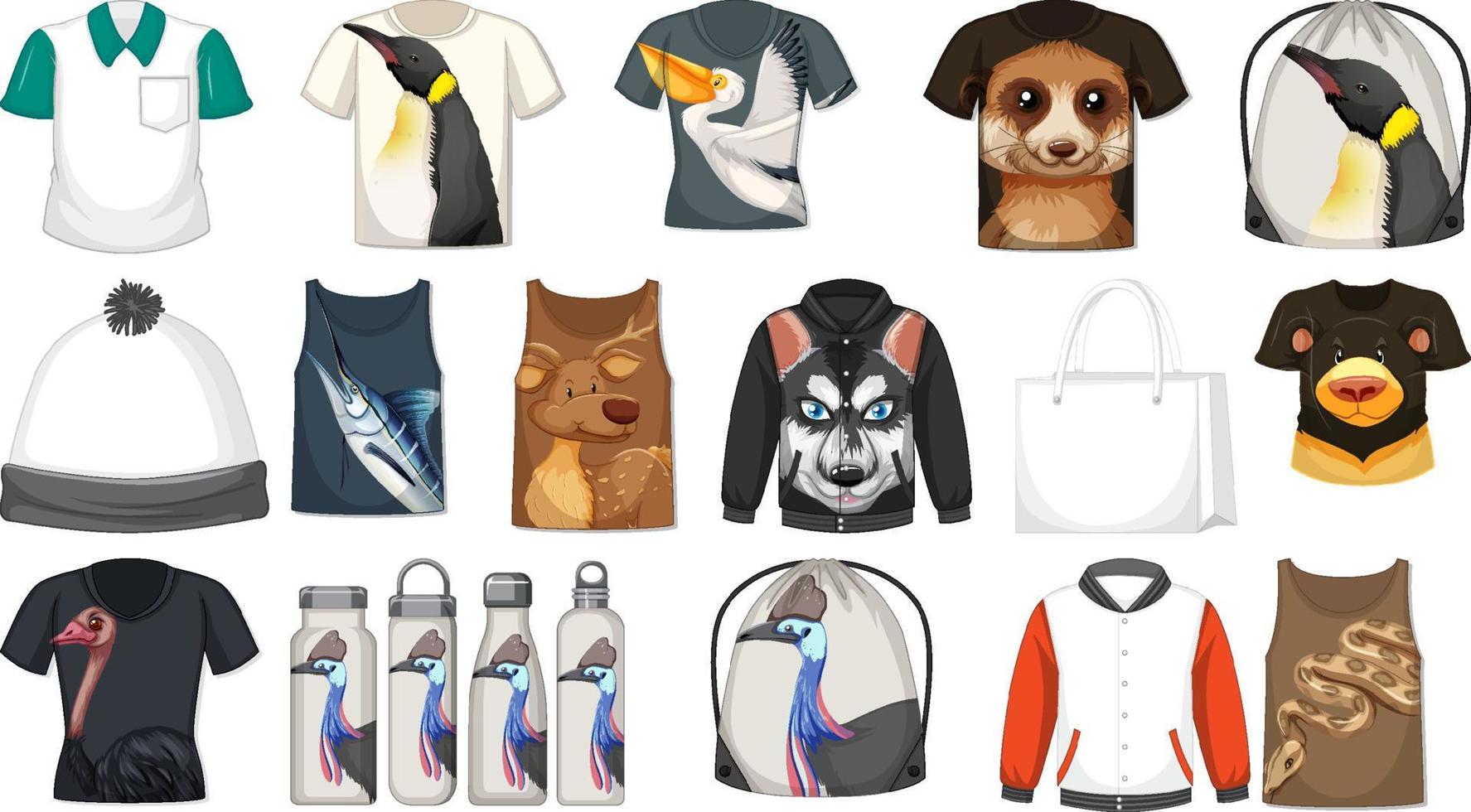 Set of different shirts and accessories with animal patterns vector