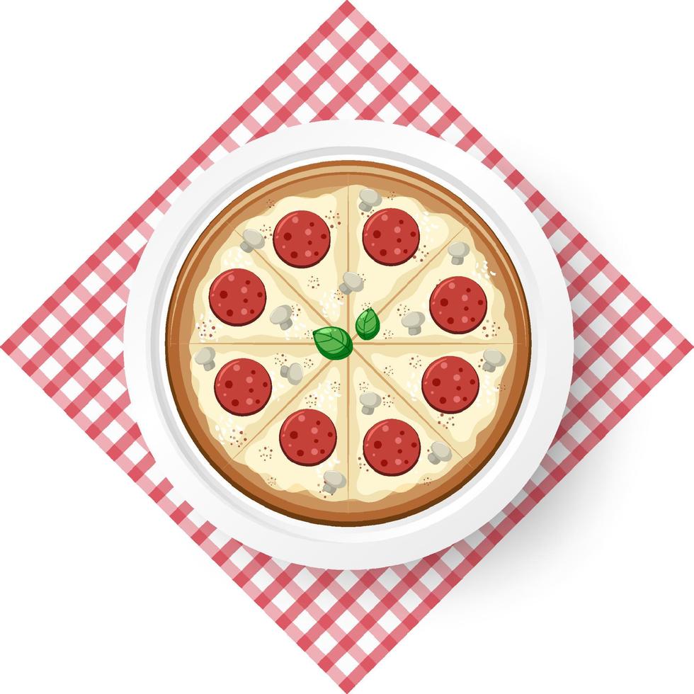 Vista superior de la pizza de salami con queso sobre un mantel vector