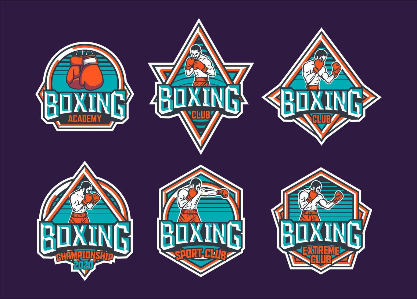 Diseño de emblema de logotipo de insignia retro de boxeo con paquete de ilustración de boxeador con color turquesa y naranja vector