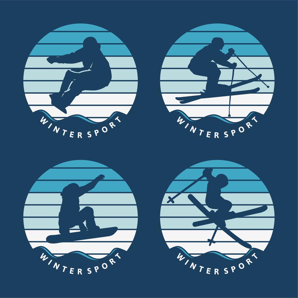 Ski and snowboard winter sport logo template pack with skier and snowboarder jump silhouette vector