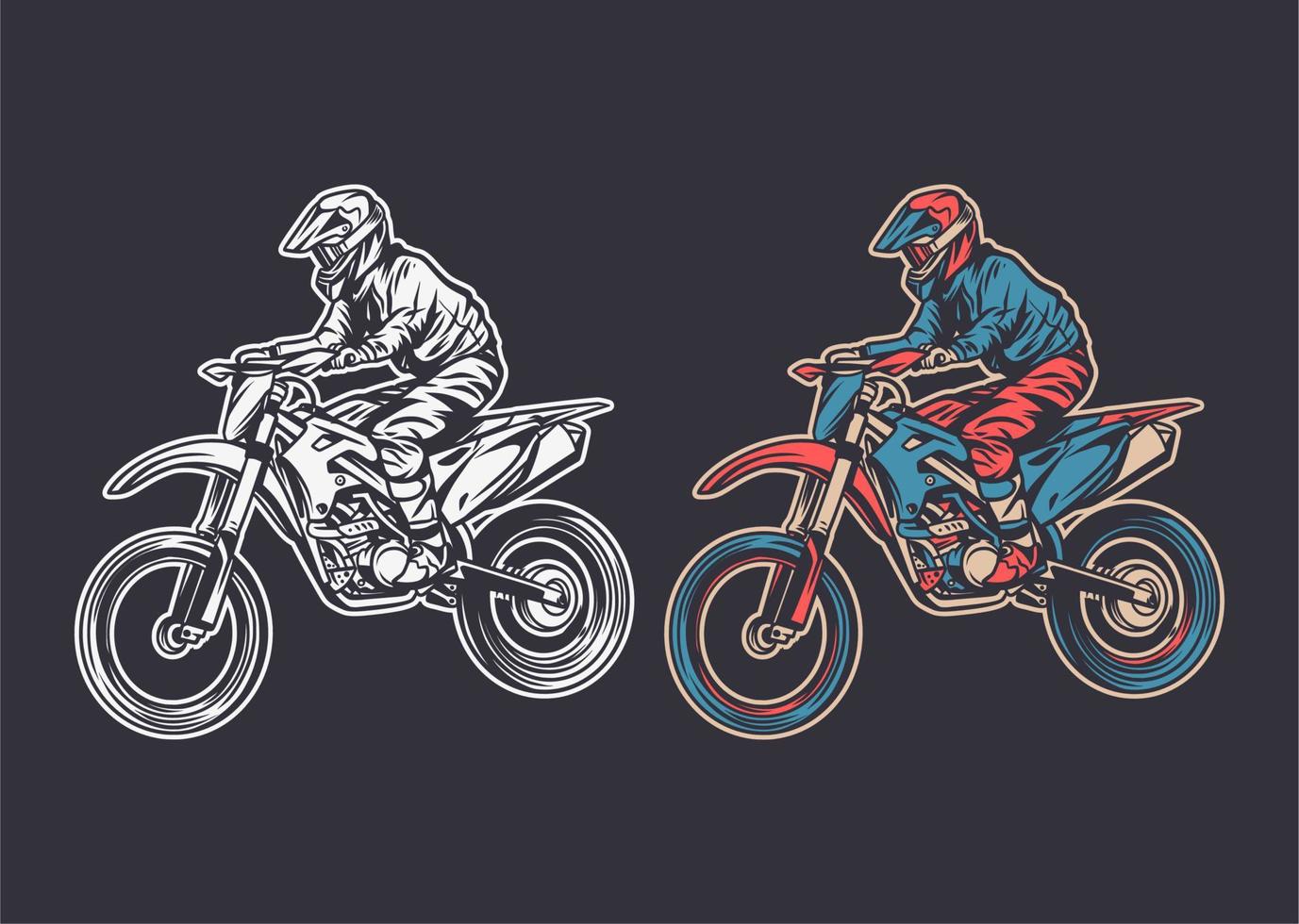 Ilustración retro vintage motocross vista lateral color y blanco negro vector