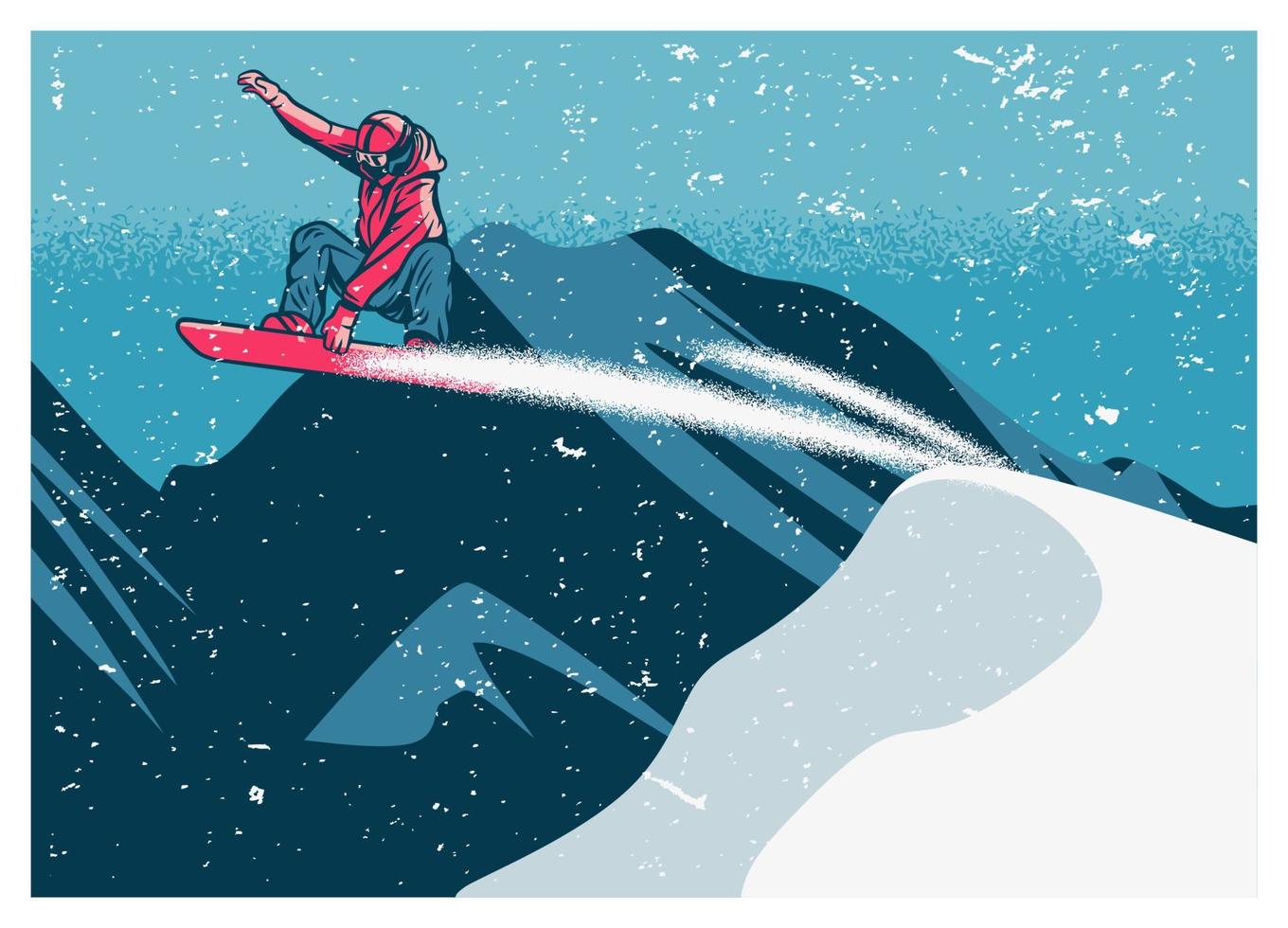 snowboarder volando sobre la nieve con fondo de montaña plantilla de cartel vintage vector