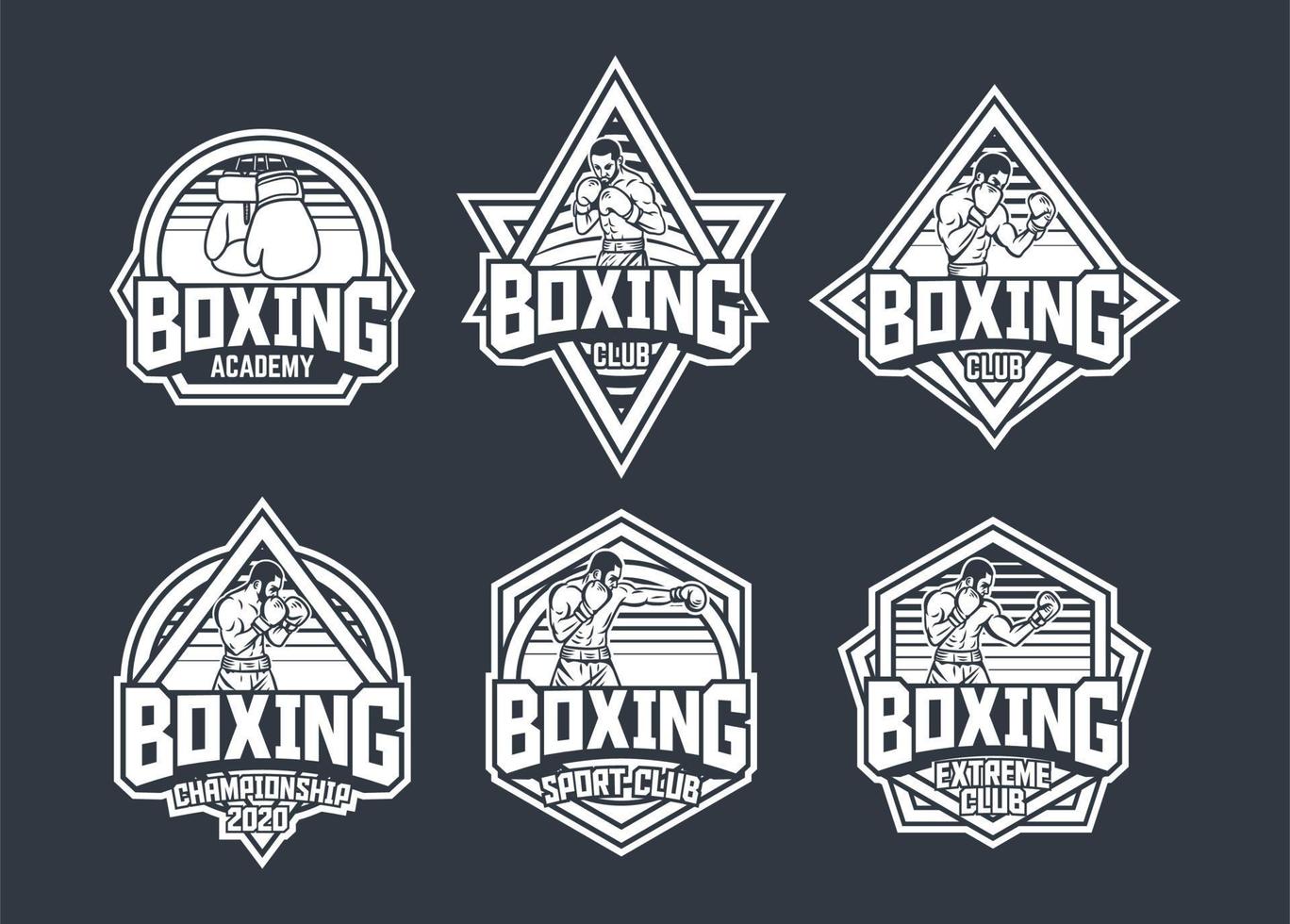 Diseño de emblema de logotipo de insignia retro de boxeo con paquete de ilustración de boxeador con color blanco y negro vector