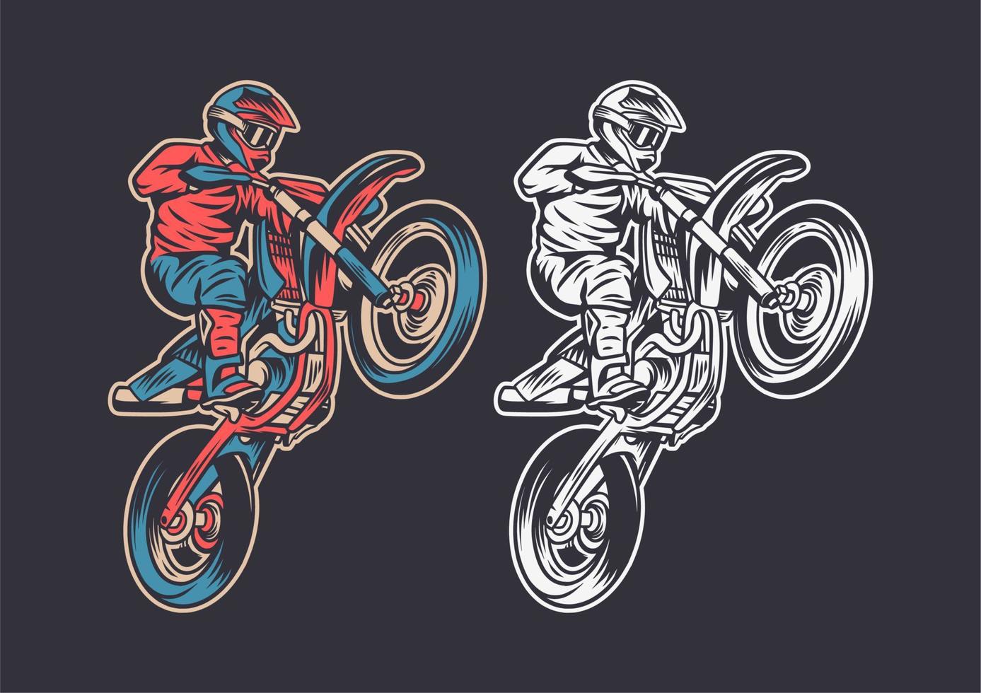 Ilustración retro vintage motocross salto color y blanco negro vector