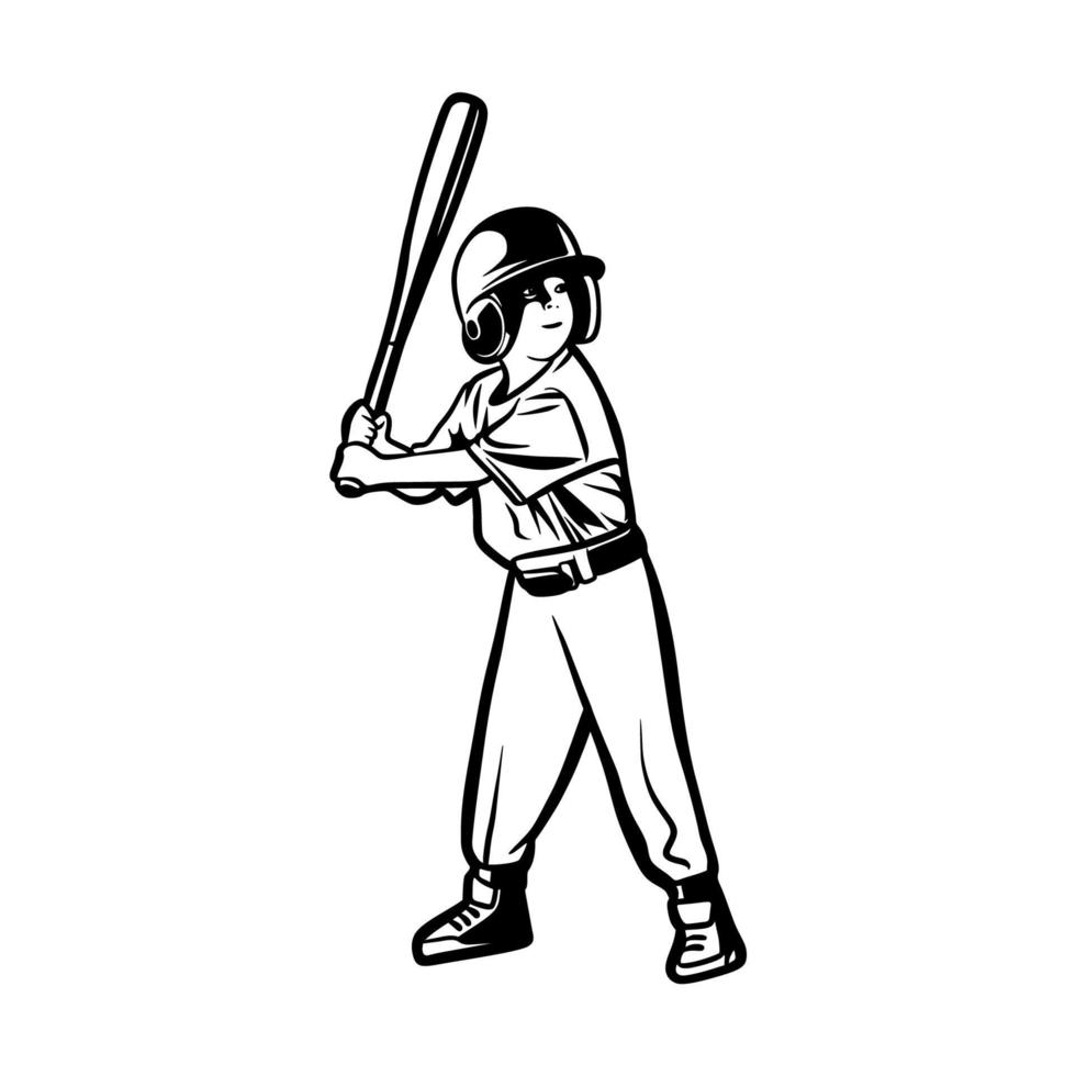 jugador de béisbol para niños listo para golpear la pelota ilustración en blanco y negro vector