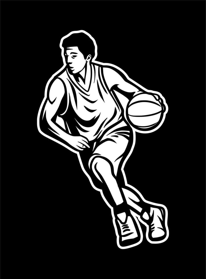 Ilustración retro vintage del jugador correr y driblar en blanco y negro vector