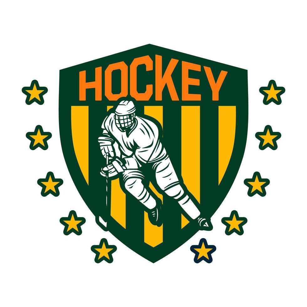 plantilla de insignia del campeonato de hockey 2020 con ilustración de jugador de hockey y estrellas vector