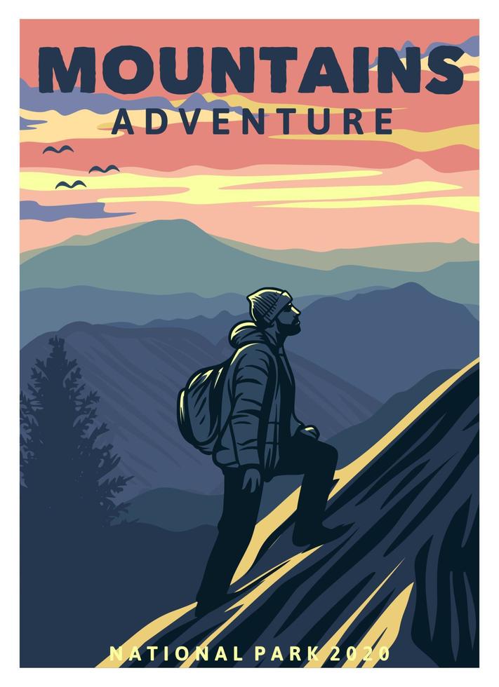 Plantilla de póster de senderismo de montaña en estilo retro vintage con hombre escalador y fondo de montaña vector