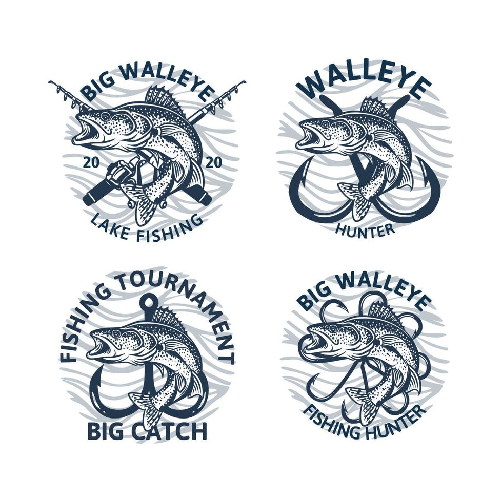 set of walleye fishing logo club tournament big catch, vintage emblem badge vector