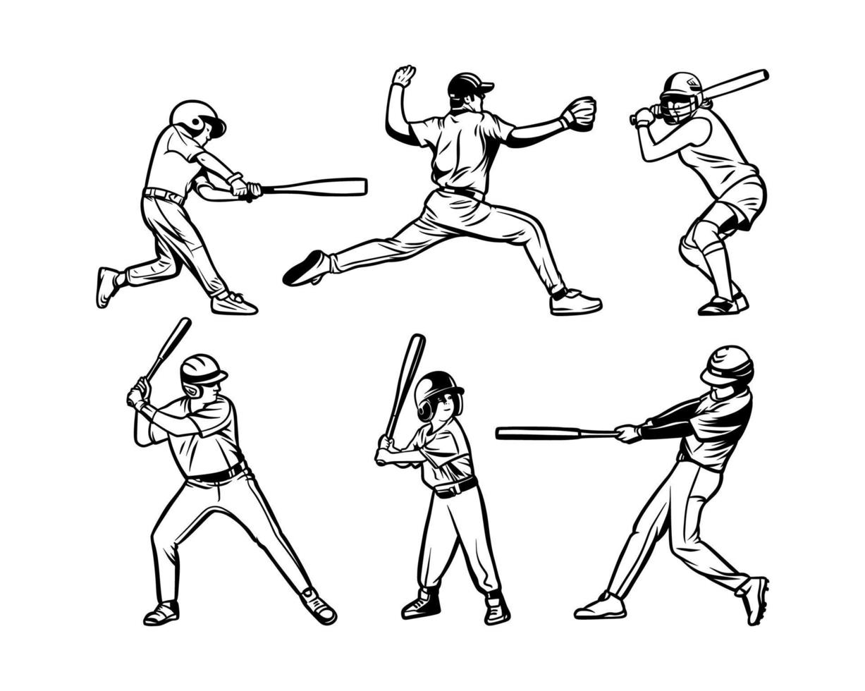 jugador de béisbol, negro, blanco, conjunto, colección, paquete, ilustración vector