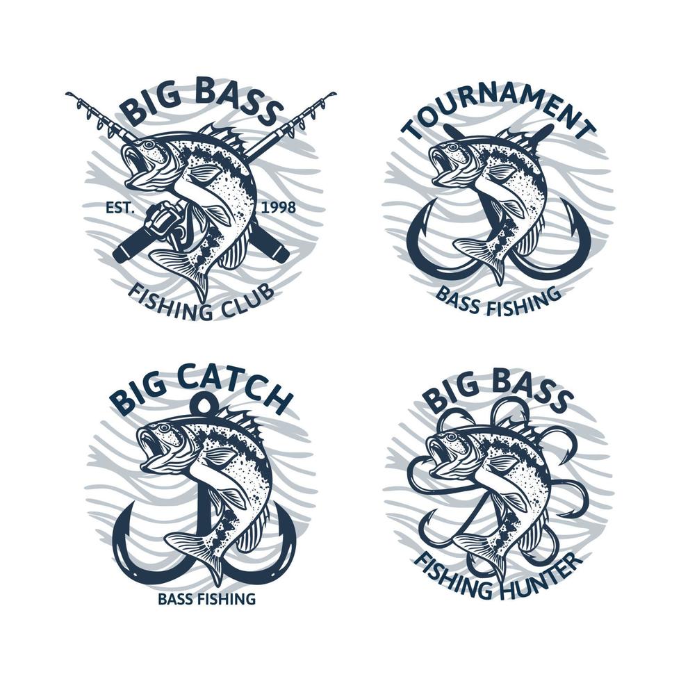conjunto de logo de pesca de lobina negra, torneo de club, captura grande, insignia de emblema vintage vector