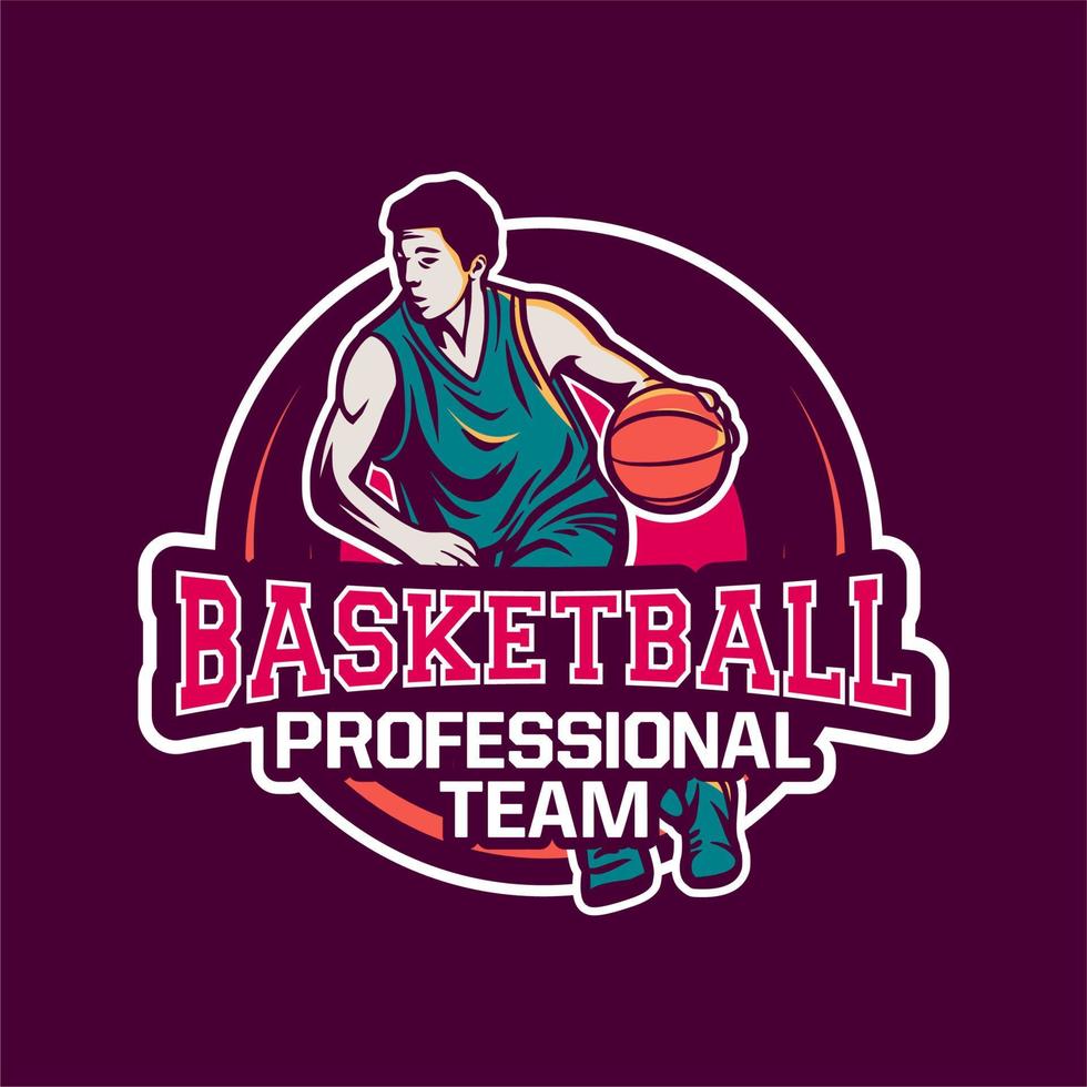 equipo profesional de baloncesto moderno logo insignia driblando jugador de pelota vector