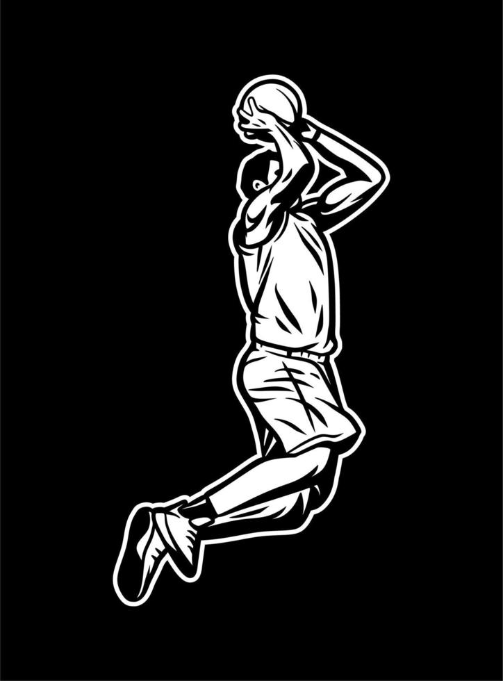 Vintage retro illustration of player jump and do dunk with two hand black and white vector