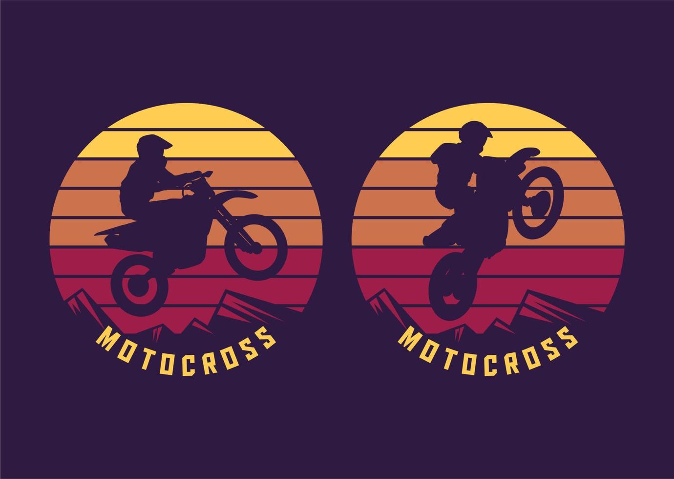 silueta de salto de motocross con fondo de puesta de sol ilustración retro vintage vector