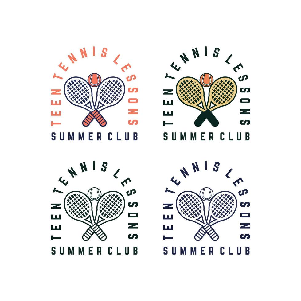 lecciones de tenis para adolescentes diseño de club de verano logo diseño de camiseta paquete de ilustración de pelota de raqueta vector