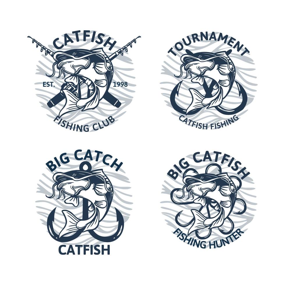 set of catfish fishing logo club tournament big catch, vintage emblem badge vector