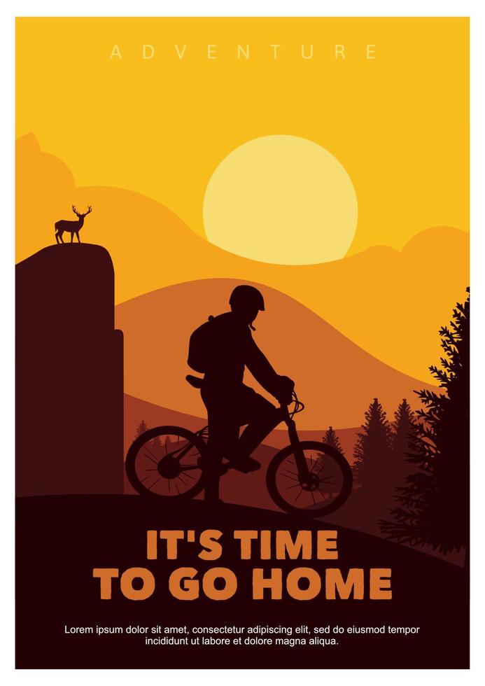 Es hora de ir a casa, póster silueta de bicicleta de montaña. vector