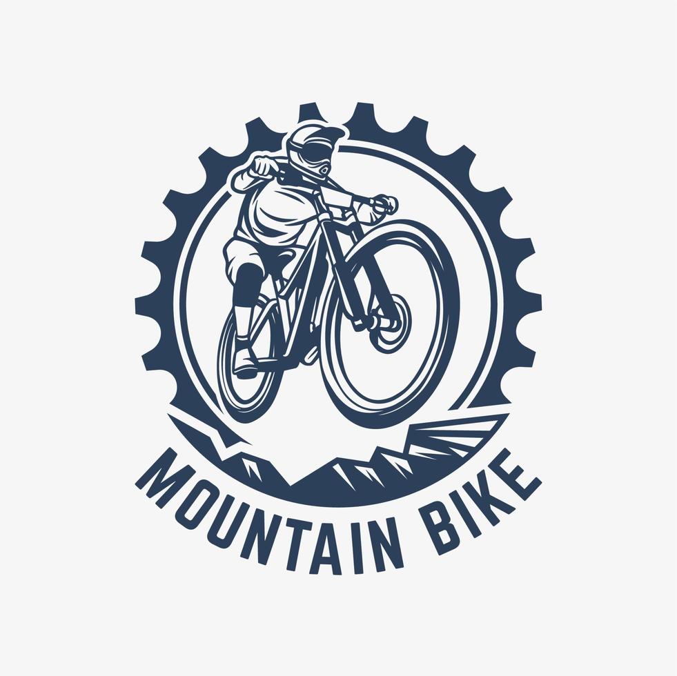 bicicleta de montaña, vendimia, logotipo, plantilla, engranaje, y, ciclista, ilustración vector