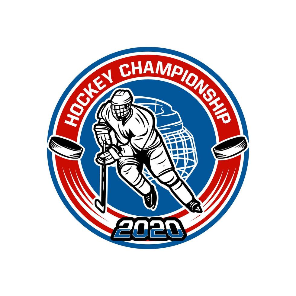 plantilla de insignia del campeonato de hockey 2020 con ilustración de jugador de hockey vector