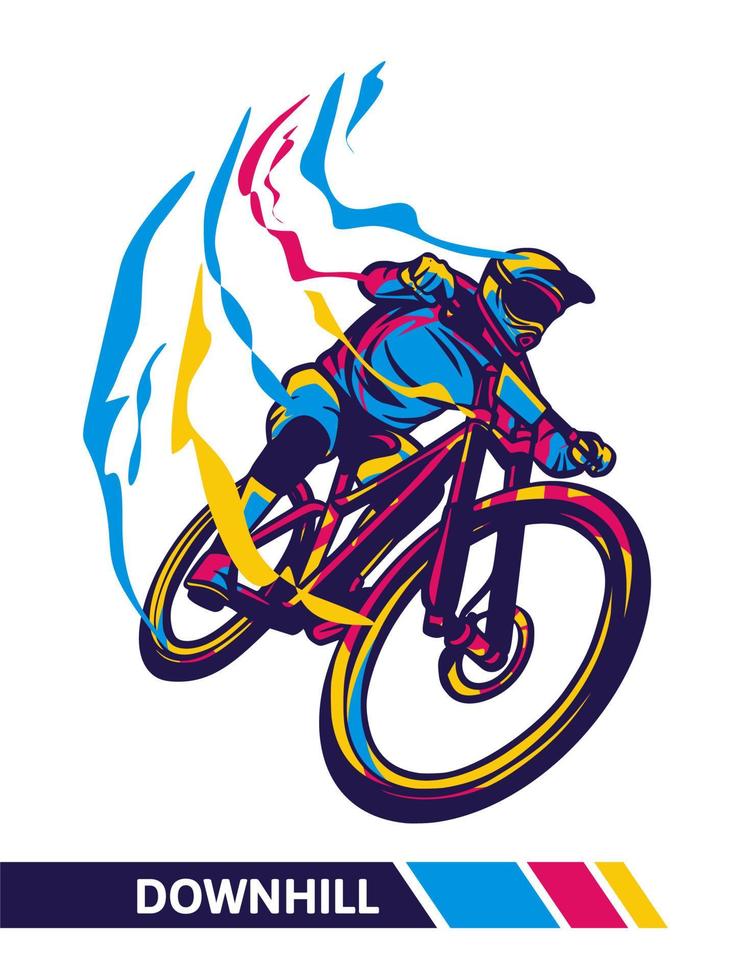 ilustración de movimiento de ciclista de ilustraciones coloridas de bicicleta de montaña cuesta abajo vector