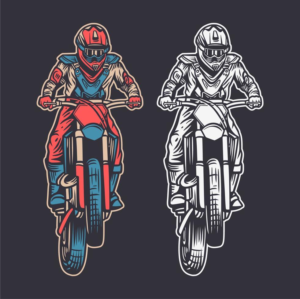 Ilustración retro vintage motocross vista frontal color y blanco negro vector
