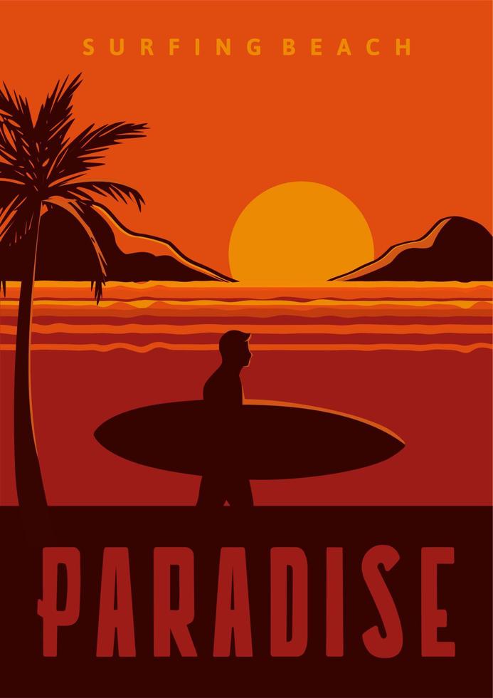 surf playa paraíso cartel ilustración surf en estilo retro vintage vector