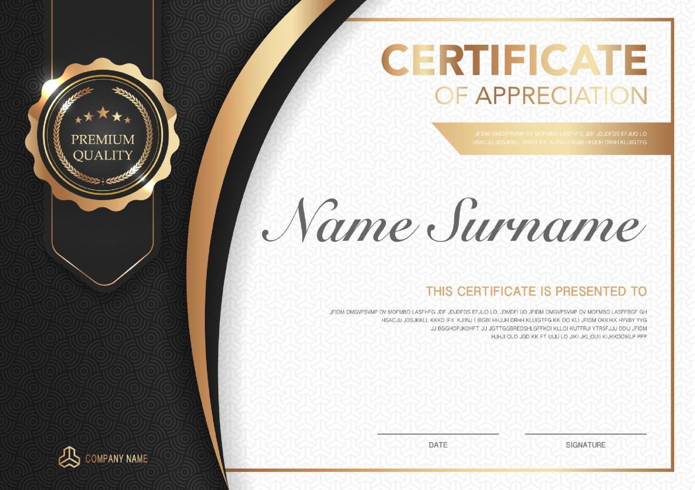 Plantilla de certificado con imagen de estilo de lujo en negro y oro. diploma de diseño geométrico moderno. vector eps10.