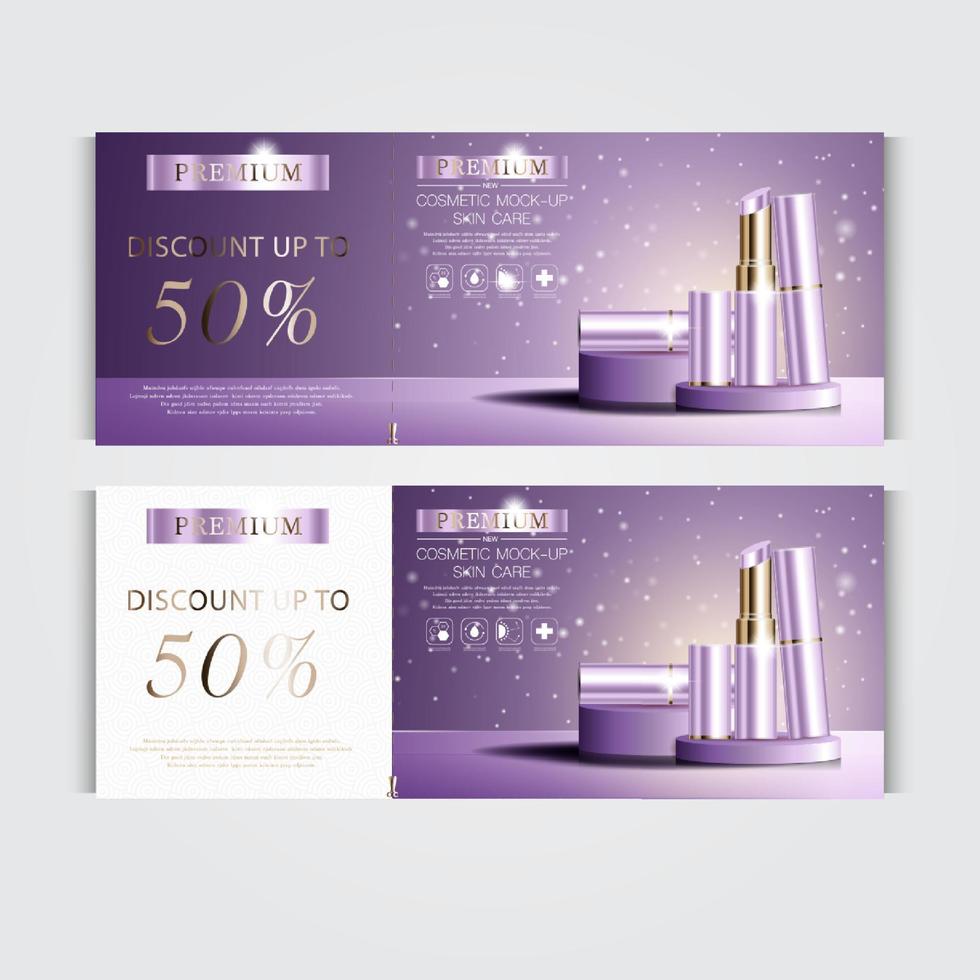 Gift voucher hydrating facial lipstick for annual sale or festival sale. purple and gold lipstick mask bottle isolated on glitter particles background. vector