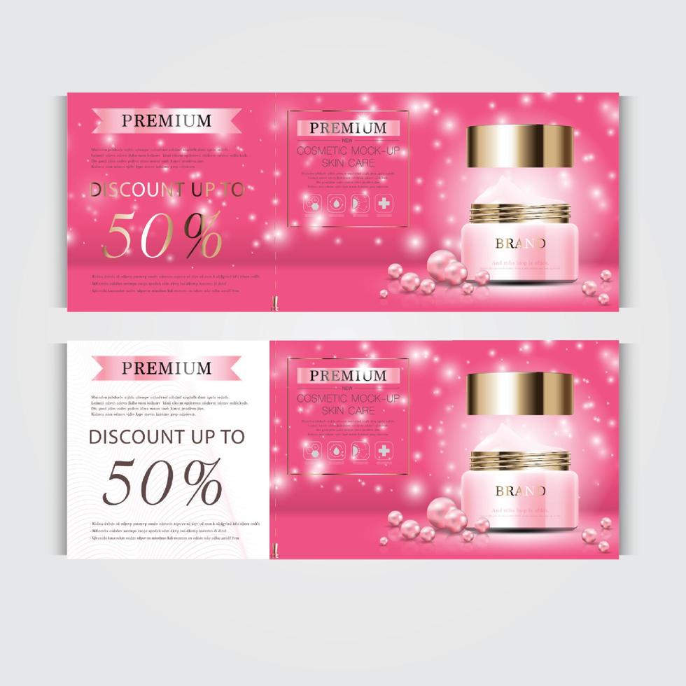 Gift voucher hydrating facial cream for annual sale or festival sale. pink and gold cream mask bottle isolated on glitter particles background. Banner graceful cosmetic ads, illustration. vector