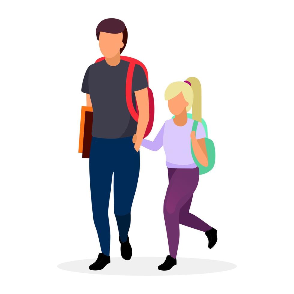 Schoolchildren, schoolkids going to school flat vector illustration. Older brother with younger sister holding hands cartoon characters. Preteen schoolgirl and teenage schoolboy on white background