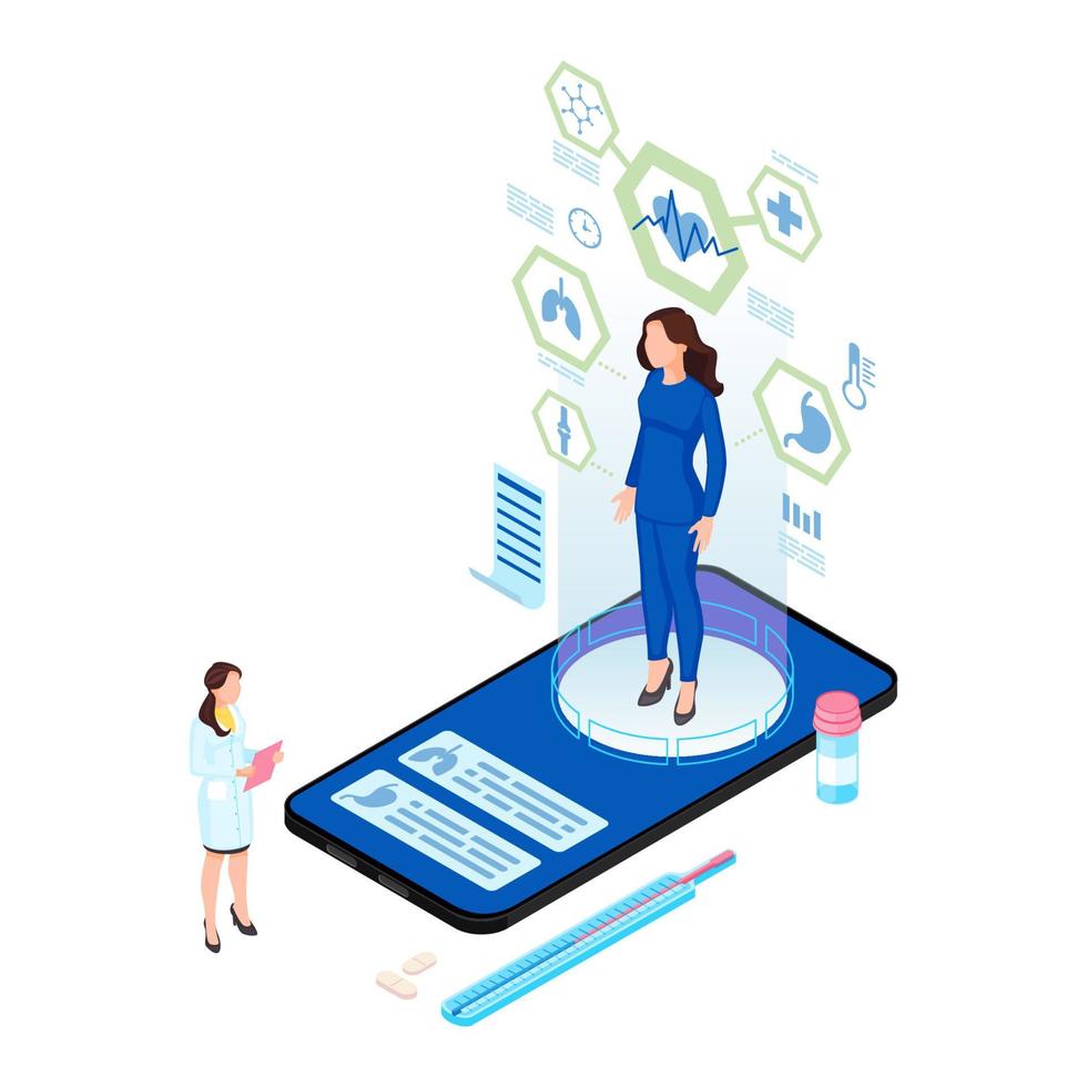 Remote body scanning isometric illustration. Patient hologram with internal organs analysis. Futuristic telemedicine with augmented reality options. Doctor, physician analysing client health condition vector