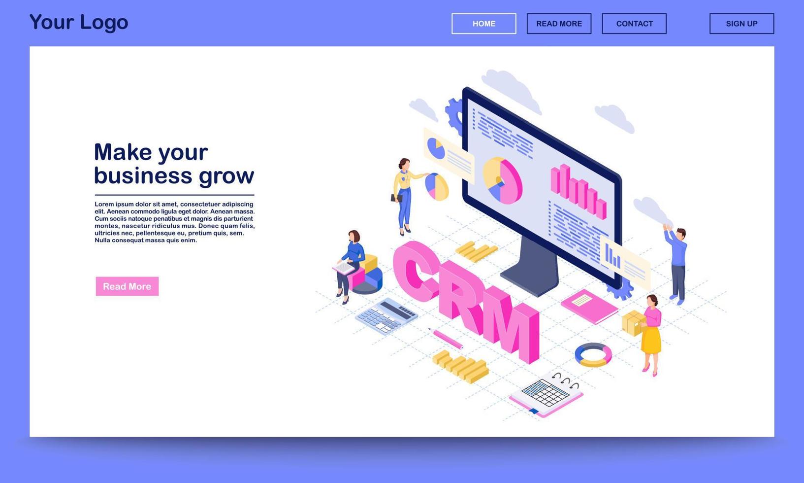 CRM for business growth isometric landing page vector template. Client data analysis, marketing statistics. Customer management automation website interface. CRM software 3d concept