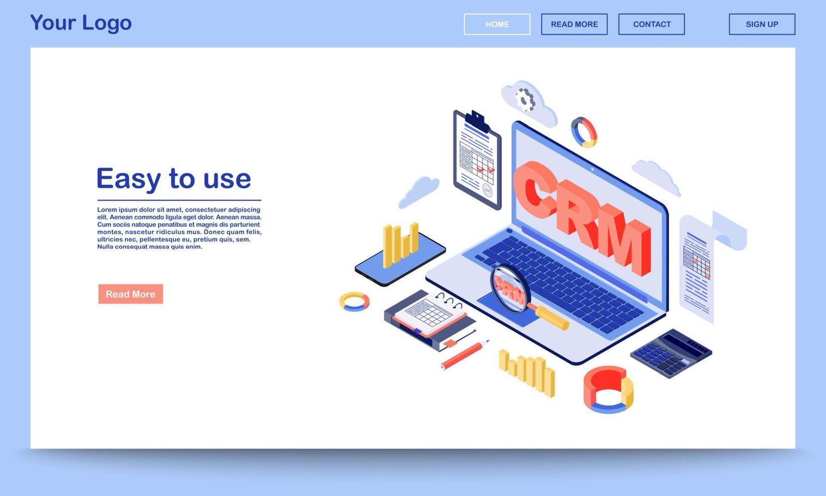 CRM system isometric landing page template. Customer retention software and digital client database service website interface. Business and marketing tools 3d concept. Customer relationship management vector