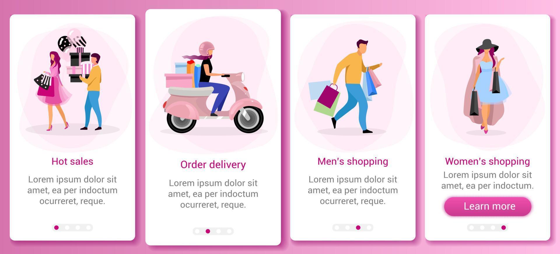 Shopping and retail onboarding mobile app screen template. Hot sales, discounts. Doing purchases. Walkthrough website steps with flat characters. UX, UI, GUI smartphone cartoon interface concept vector