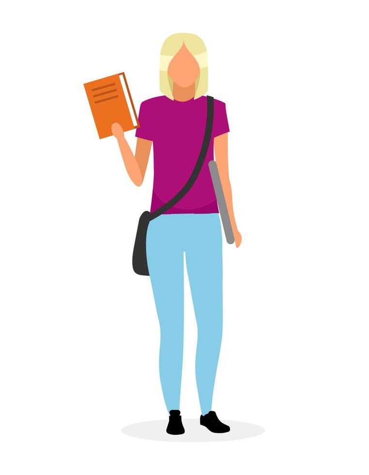 colegiala adolescente con la ilustración de vector plano de libro de texto. estudiante universitario sosteniendo libro y personaje de dibujos animados portátil aislado sobre fondo blanco. chica adolescente inteligente con bolsa. adolescente de la escuela estudiando