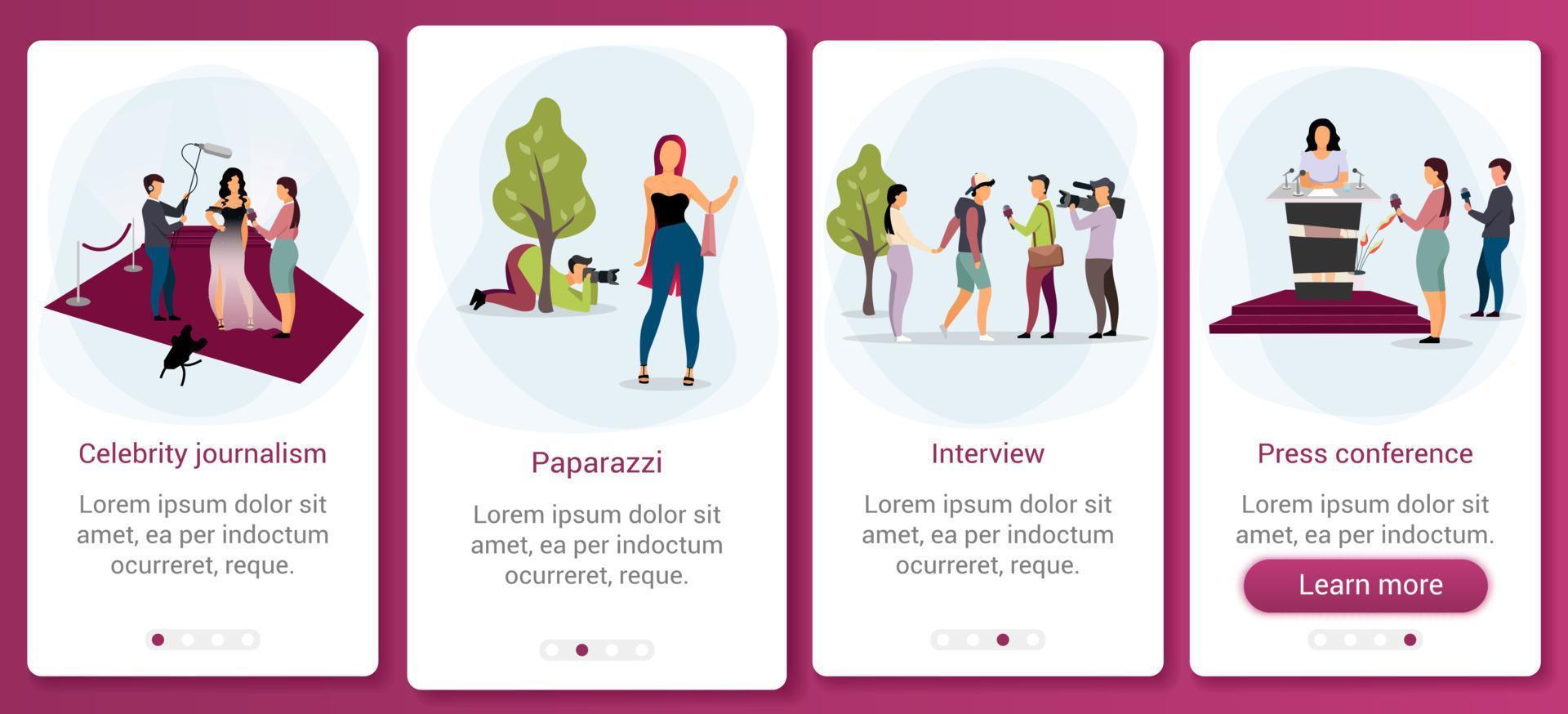 Journalism and mass media onboarding mobile app screen template. News broadcasting, reportage, interview. Walkthrough website steps with flat characters. UX, UI, GUI smartphone cartoon interface vector